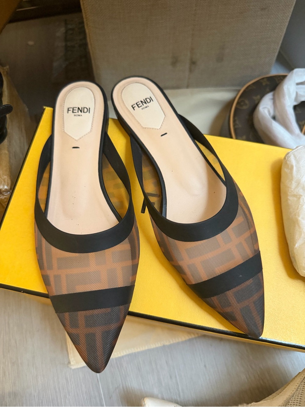 Fendi Brown and Black Mesh Pointed-Toe Mules